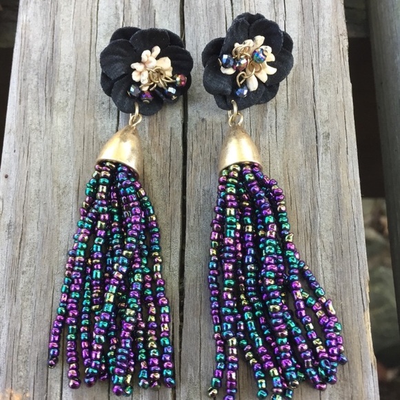 Fabric Flower Post Beaded Tassel Post Earrings - Picture 3 of 8